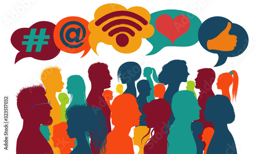 Influencer.Silhouette group of people talking and sharing ideas and information.Trend communication.Social network.Social media concept.Community.App symbols.Followers.Speech bubble