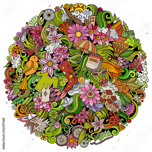 Spring hand drawn vector doodles illustration. Nature poster design.