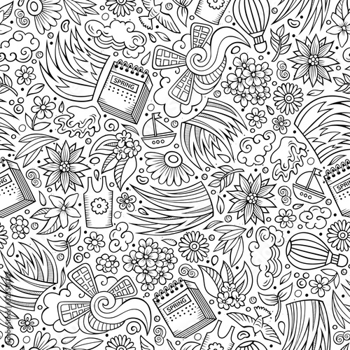 Fototapeta Naklejka Na Ścianę i Meble -  Cartoon cute hand drawn Spring seamless pattern.