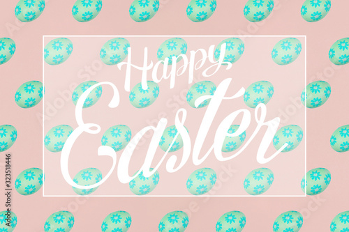 Green Easter eggs on a pink background. Festive preparation, pattern, repetition, banner. Text, Happy Easter, greeting card, postcard.
