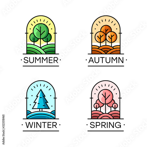 Vector set of seasons emblems. Summer, Autumn, Winter and Spring. Elements for social media, educational materials, banners. Season symbol