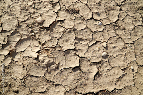 Dry and cracked mud in a river bed
