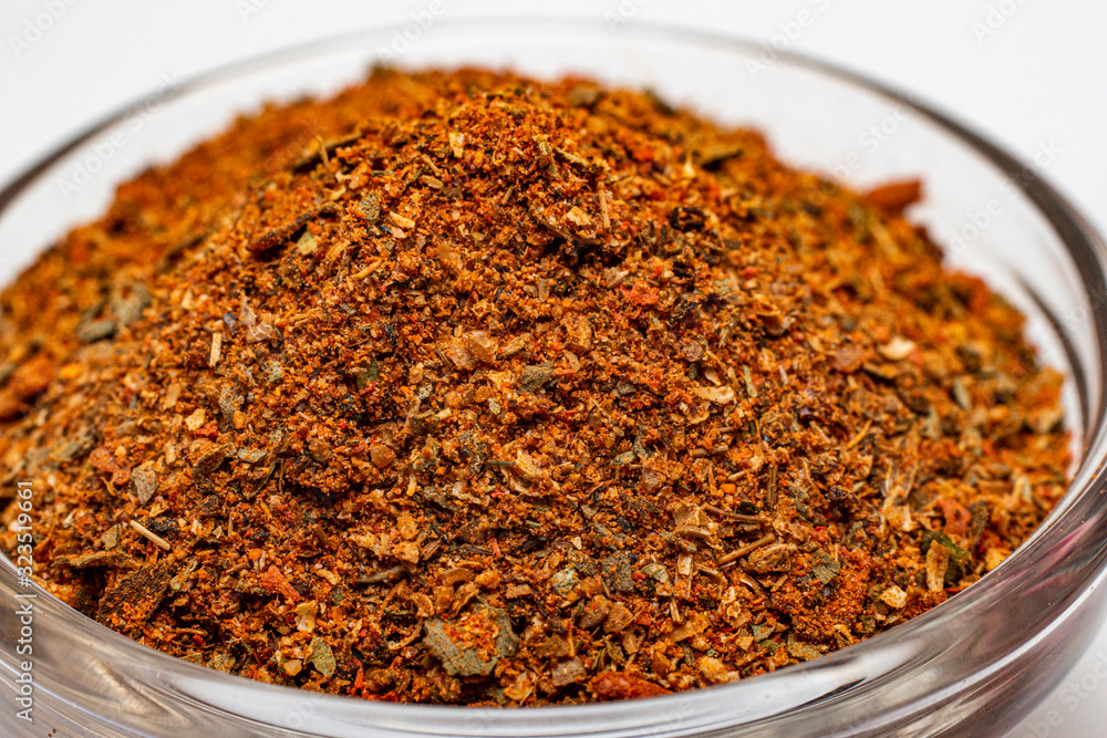 Spices for meat in a glass plate. Spices for meat in a glass plate.