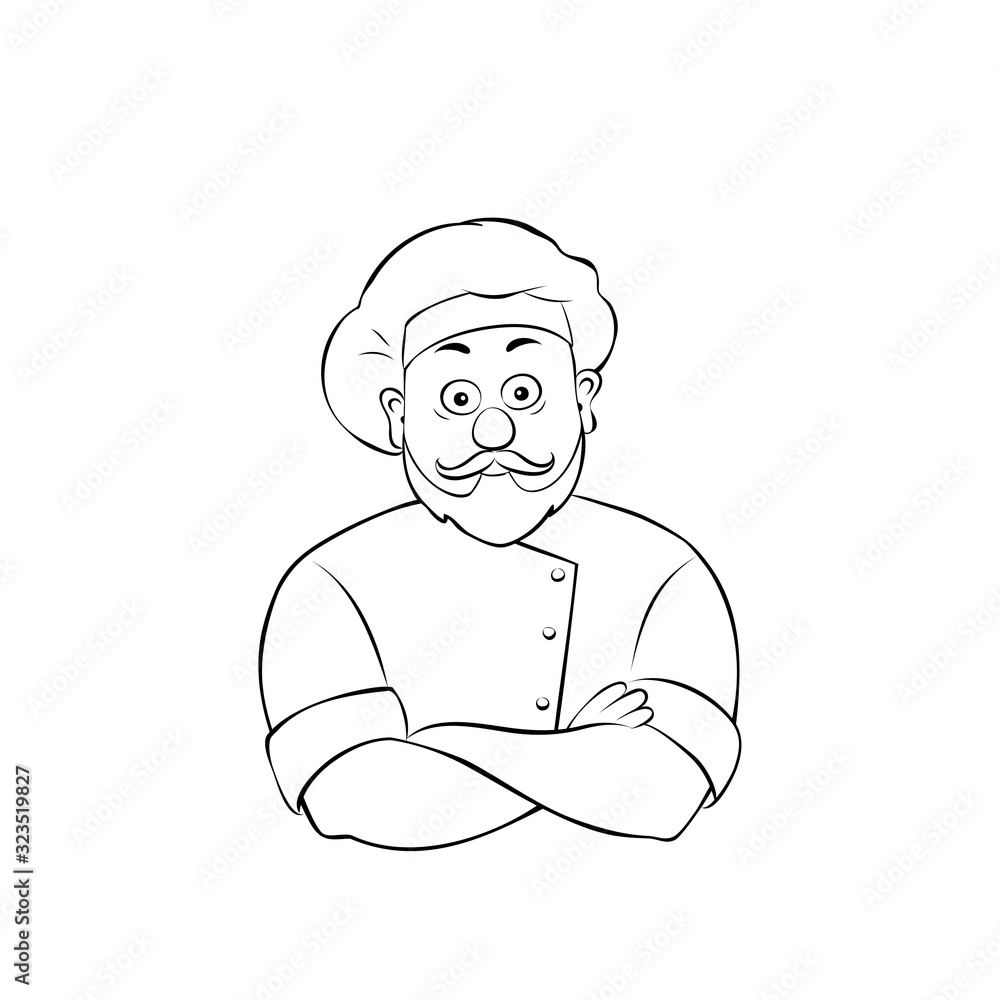 Portrait of happy old man with a mustache and beard,cook crossing hands.Vector illustration in cartoon style.