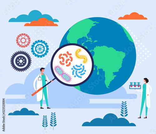 World epidemiology searching concept. Vector graphic design isolated illustration