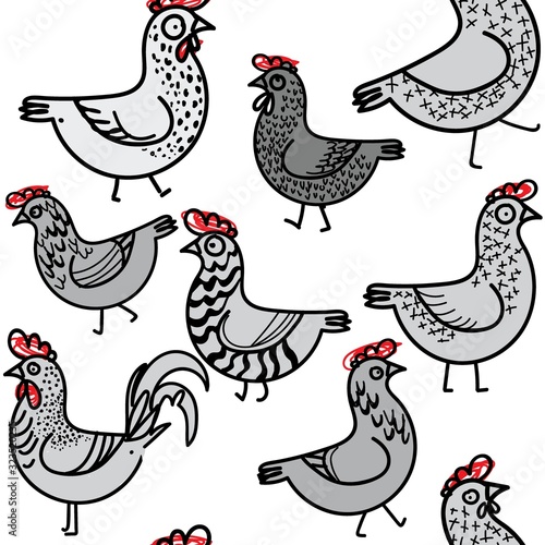 Seamless pattern with chickens. Chickens and rooster with patterns. Funny drawing by hand. seamless pattern. A funny background.
