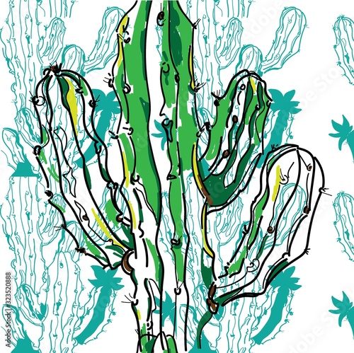 Seamless pattern with cactuses. Stylish summer background. Tropics, summer. Drawing by hand. Modern, fresh background.