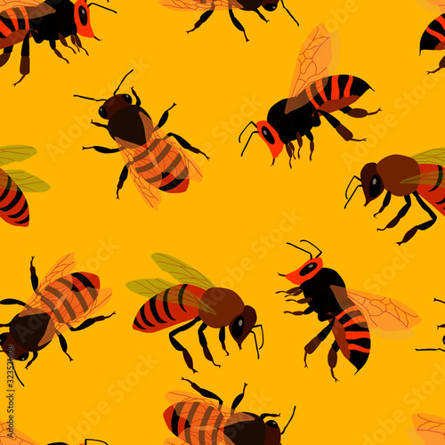 seamless pattern in bright colors depicting bees, wallpaper ornament, wrapping paper © Halyna