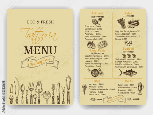 Vector illustration sketch - Vintage Menu. Trattoria. Italian food.