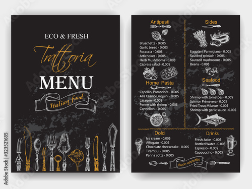 Vector illustration sketch - Vintage Menu. Trattoria. Italian food.