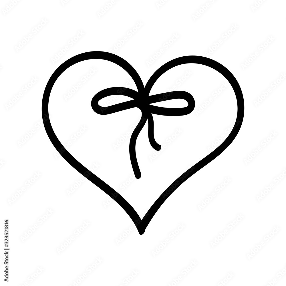 Hand drawn heart with a bow. Decor element. Valentine's day card, element template and love symbol. Vector clip art isolated on white background.