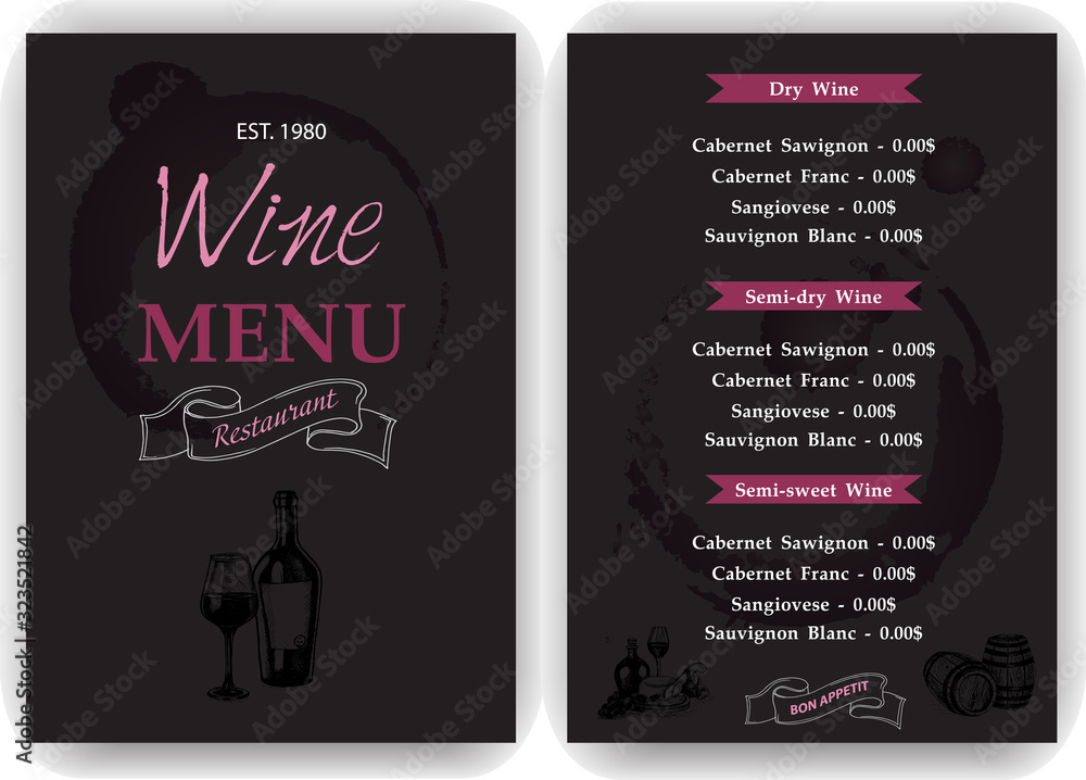 Vector illustration sketch - Vintage Menu. Cover for restaurant menu. Wine