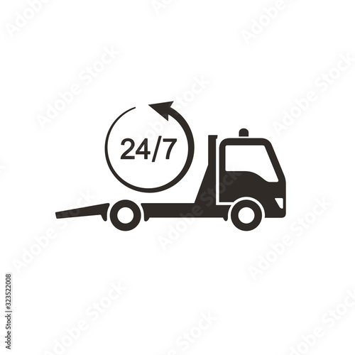 Tow truck icon, Car towing truck 24h sign. Vector isolated illustration