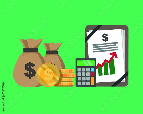 Stack of money increasing with arrow, profit, income increase. dollar symbol, gold and calculator vector