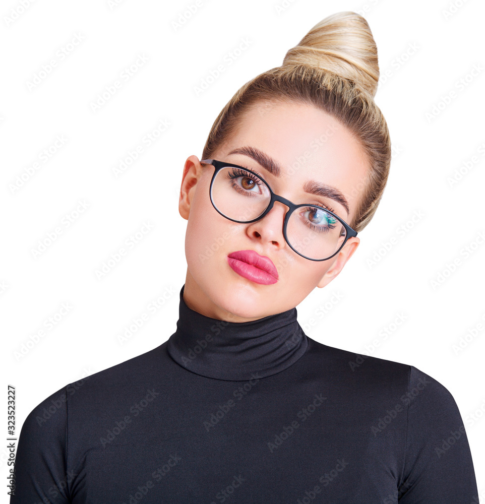 Beautiful blond woman in black turtleneck and glasses.