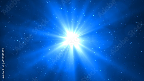 Dust particle background with lens flare glitter light. Abstract blurry bokeh blue background.