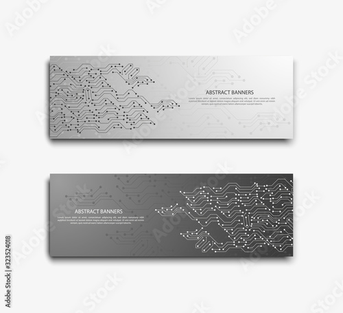 Banner with computer motherboard suitable for concepts of industry, technology, engineering . Vector illustration