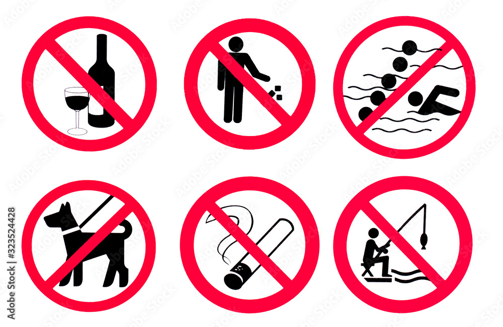 Set of prohibition signs. Sign No alcohol , Sign No littering , Sign No swimming behind buoys, No walking dogs sign, No Smoking sign, Sign No fishing Set of prohibition signs. Sign No alcohol , Sign No littering , Sign No swimming behind buoys, No walking dogs sign, No Smoking sign, Sign No fishing