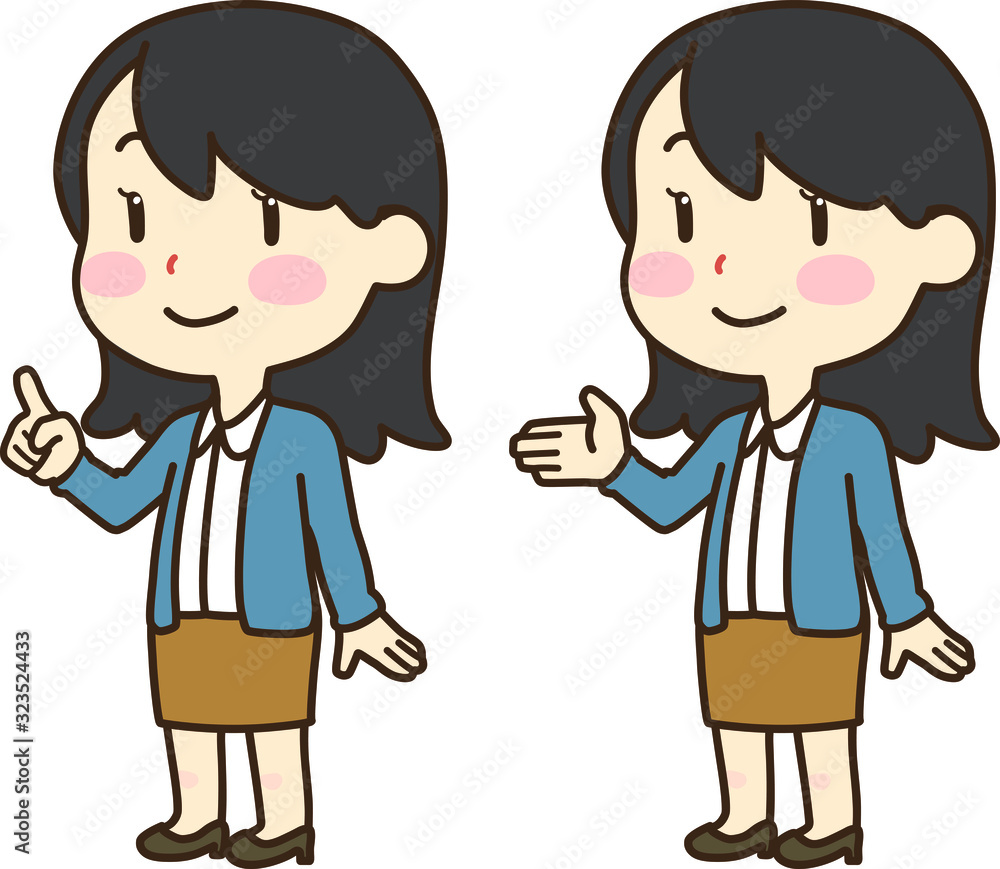 Girl with long black hair standing explaining and pointing Girl with long black hair standing explaining and pointing