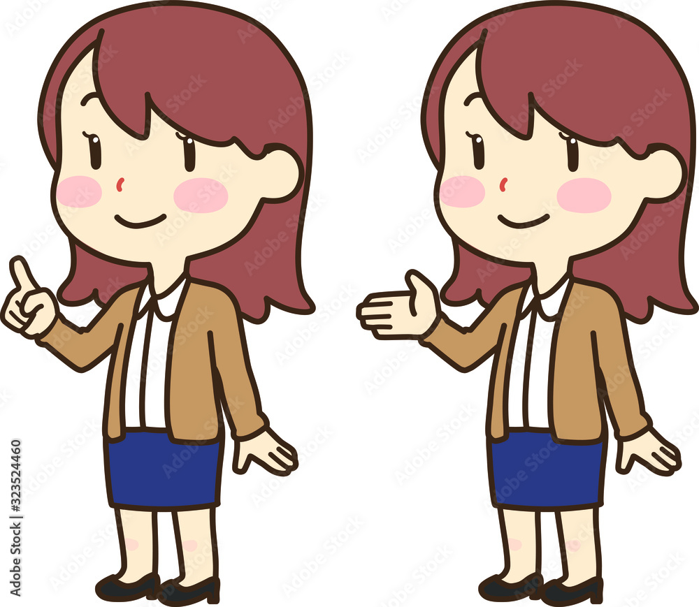 Girl with long brown hair standing explaining and pointing Girl with long brown hair standing explaining and pointing
