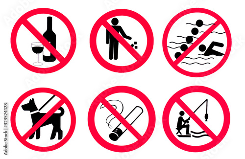  Set of prohibition signs. Sign No alcohol , Sign No littering , Sign No swimming behind buoys, No walking dogs sign, No Smoking sign, Sign No fishing