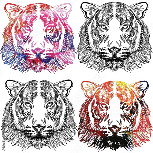 Seamless pattern with tiger. Doodling, mandala. Drawing manually. Stylish background. A dangerous predator, a noble animal.