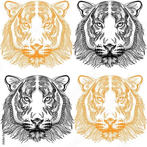 Seamless pattern with tiger. Doodling, mandala. Drawing manually. Stylish background. A dangerous predator, a noble animal.