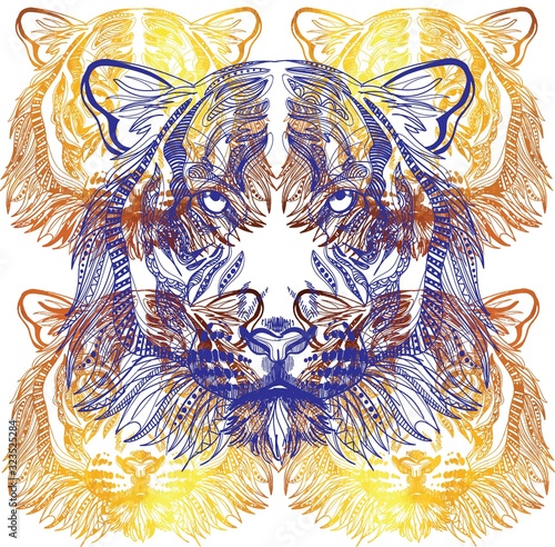 Seamless pattern with tiger. Doodling, mandala. Drawing manually. Stylish background. A dangerous predator, a noble animal.