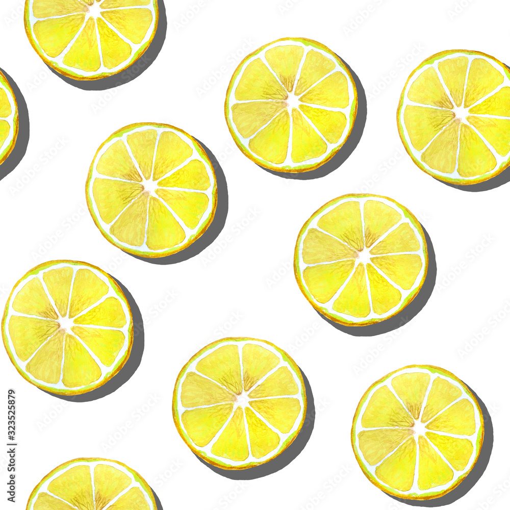 Tropical seamless pattern with lemon slices. Watercolor illustration on white background for scrapbooking, wallpaper, packaging, textiles