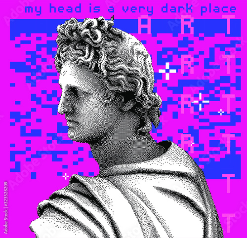 Pixel art ilustration with marble sculpture, Apollo Belvedere bust. Vaporwave and retrowave style collage, postmodern aesthetics of 80's.