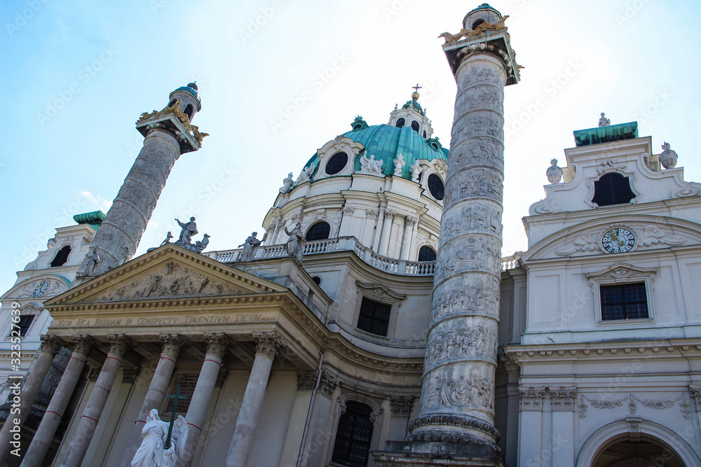 Close-up of the ancient St. Charles Church between the Trajan's columns. Vienna, Austria.