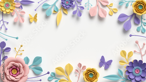 Leinwand Poster 3d render, horizontal floral frame with copy space