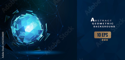 Abstract polygon sphere with wireframe glowing on dark BG
