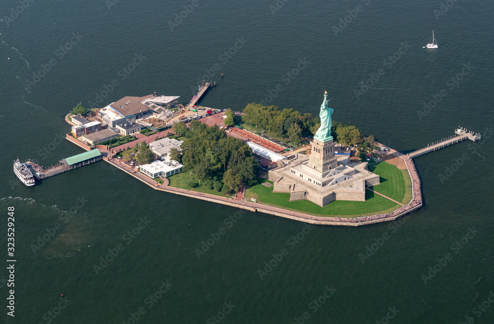 An isolated aerial photograph of the Statue of Liberty and Liberty park taken with the summer of 2018