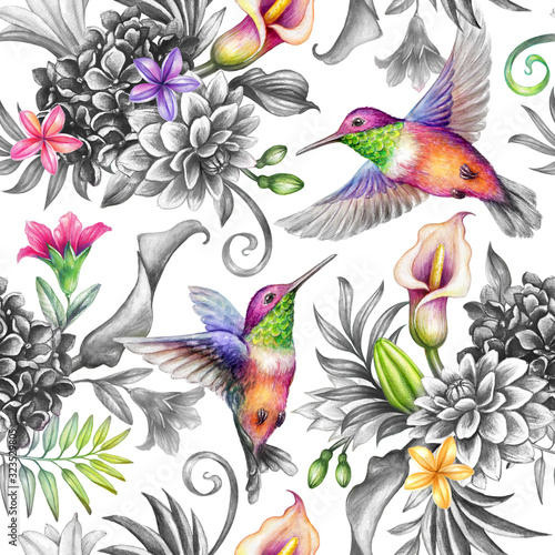 digital watercolor botanical illustration  seamless floral pattern  wild tropical flowers  humming birds  white background. Paradise garden day. Palm leaves  calla lily  plumeria  hydrangea  gerber
