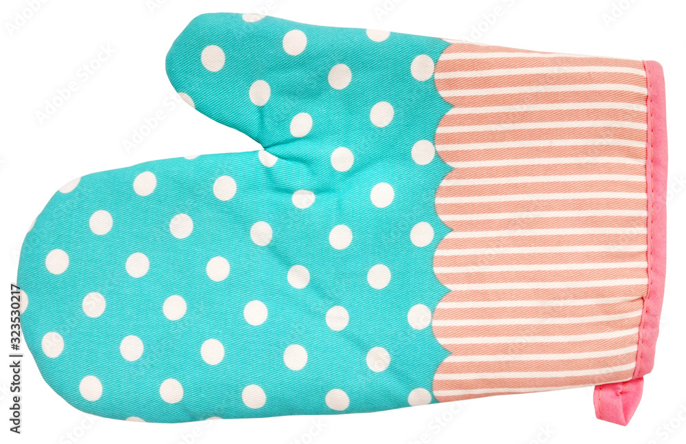 Lovely modern mitt oven glove striped with dots isolated on white background