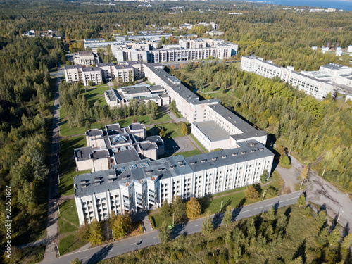 Buildings of Saint Petersburg State University SPbU in the New Peterhof  park area (suburb of St. Petersburg , Petrodvorets district) - mathematical, physical, chemical faculties ( aerial dron view)  photo