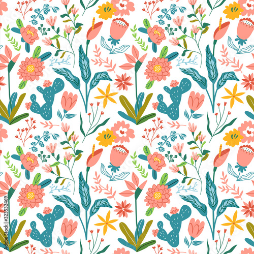 Vintage hand drawn flower seamless pattern