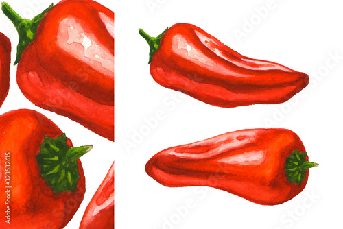 Red mini peppers. Fresh sweet paprika. Hand drawn watercolor illustration isolated at white background. Design for the label, cover packaging and menu.