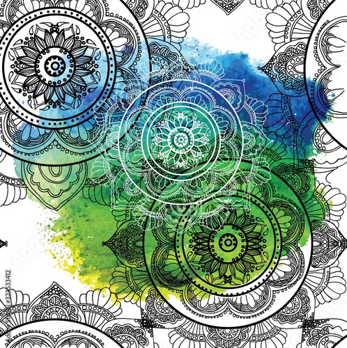 Mandala. Seamless pattern. Ethnic Indian drawing. Yoga, meditation. Drawing manually. Stylish background, lots of details.