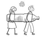 Cartoon people carrying big plastic bottle to recycle. Waste recycling, waste sorting, re-use of materials and environmental protection concept. Recycle sign. Hand drawn vector sketch