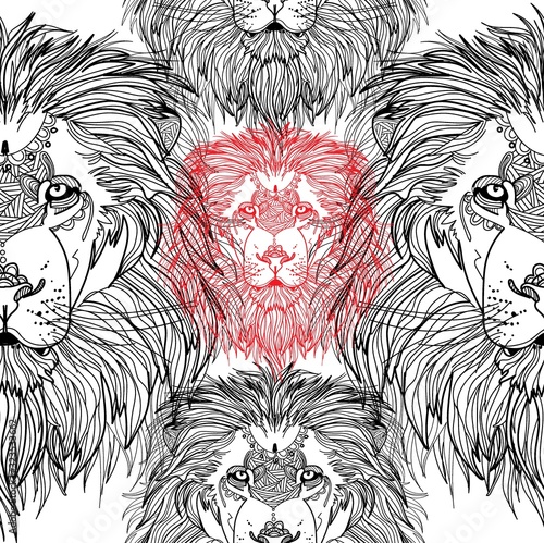Seamless pattern with lions. Doodling, mandala. Drawing manually. Stylish background. A dangerous predator, a noble animal, a great mane.