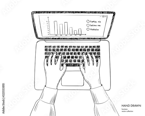 Illustration of workplace with laptop. Hands on keyboard working. Hand drawn line art black and white vector sketch