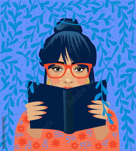 Literature fan. Girl who love to Read. Reading Books concept. Flat cartoon vector illustration.