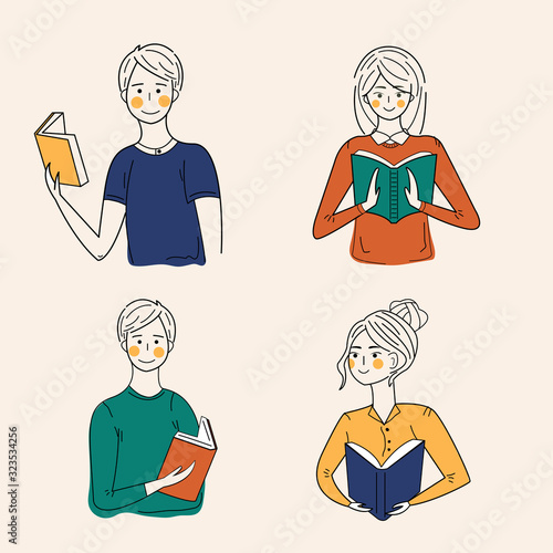 Literature fans. People who love to Read. Reading Books concept. Flat cartoon vector illustration.