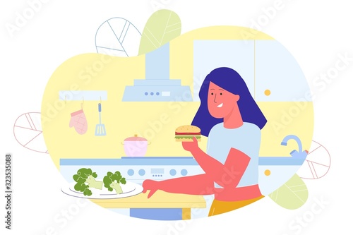 Girl Prefer Eating Hamburger to Broccoli Flat.