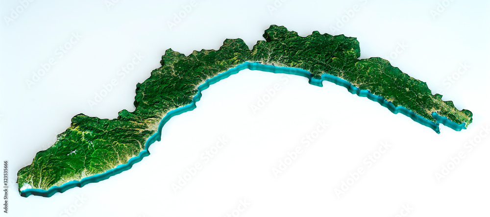 Satellite view of the Liguria region. Italy. 3d render. Physical map of Liguria, plains, mountains, lakes, mountain range of the Alps
