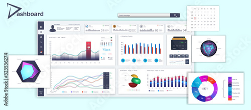 White dashboard with detailed interface for UI admin panel. Business infographic template in flat style. Modern dashboard, analytic graphics, infographics and diagrams. Vector illustration