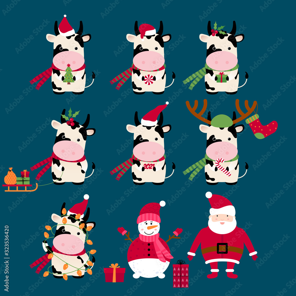 Ox horoscope sign. Chinese year of Ox 2021. Cow Happy New Year. Big Christmas set. Concept image of symbol Chinese new year 2021. Christmas design with holiday symbols (Santa Claus hat, tree, snowmen)