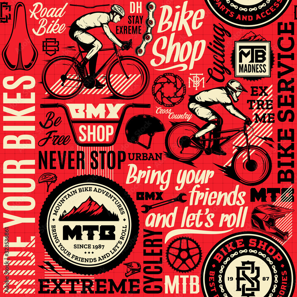 Vector bicycle seamless pattern or background in black, red and beige colors. Bike shop, service, mountain, bmx and road biking badges, icons and design pieces